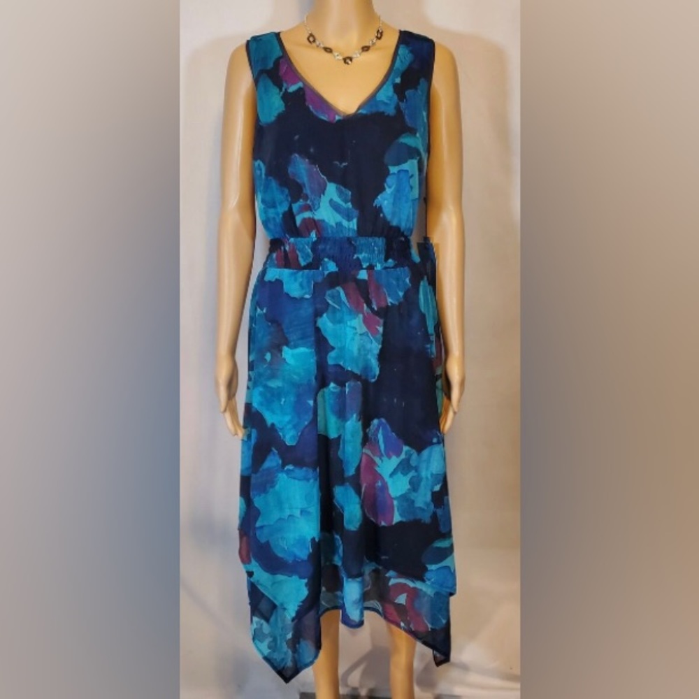 Simply Vera Vera Wang Blue Chiffon V-Neck Sleeveless Dress Floral Design Size XL